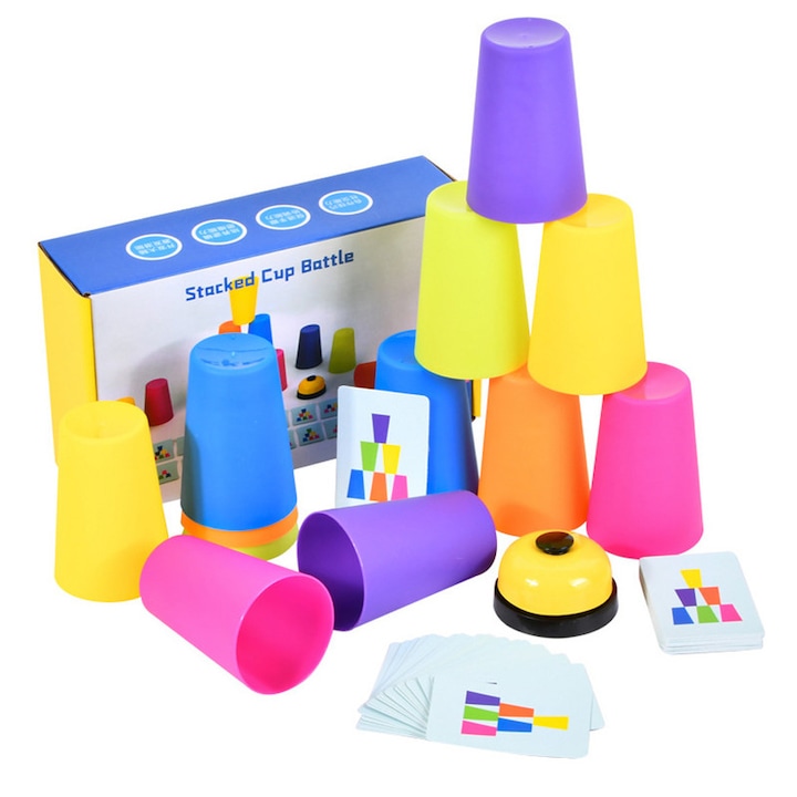 Комплект играчки за деца, JESWO, полипропилен, с 12 чаши, 50 въпросителни карти и звънче, многоцветен