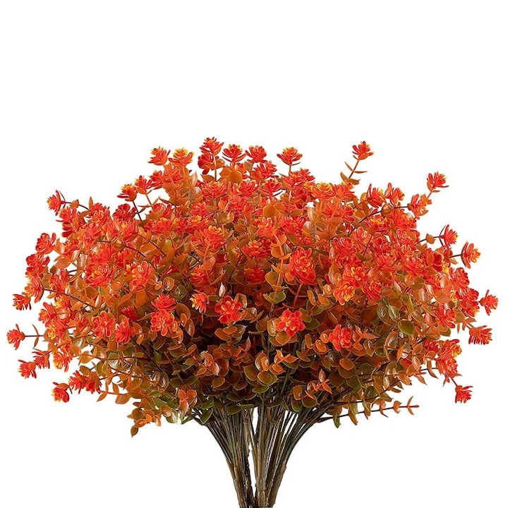 Комплект от 6 изкуствени цветя от евкалипт, Пластмаса, 35 см, Червен/Оранжев