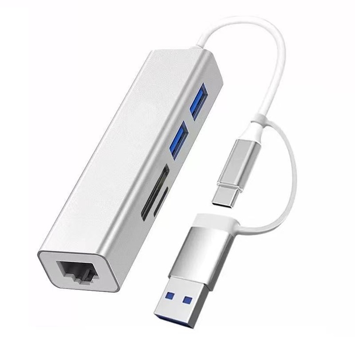 Хъб USB/USB-C, 5в1, сребрист