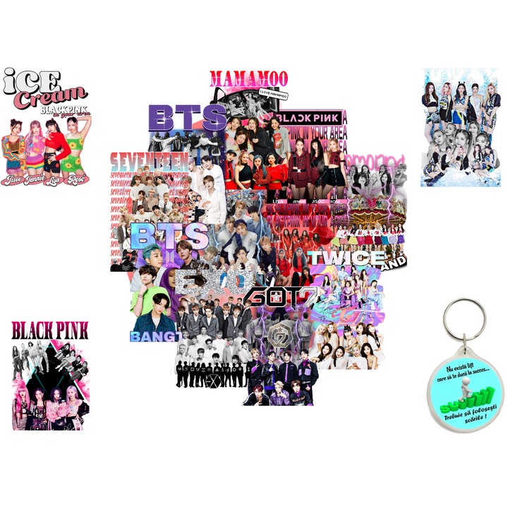 Set de 15 stickere decorative ilustratii din genul K-Pop, BlackPink Bts Got7 Exo Twice, multicolor si breloc succes