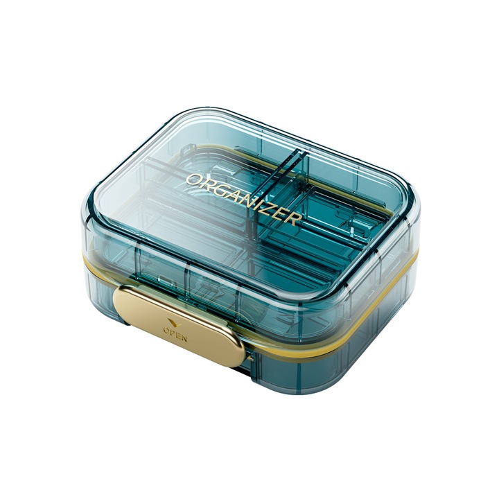 Cutie depozitare pastile, KINSI, 7 grile, recipiente detasabile, Strat dublu, albastru