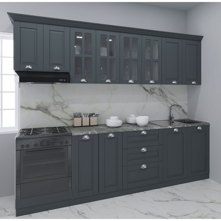 Set bucatarie cu soft-close si fronturi MDF, Badenmob, seria Square, L260.01x60cm, antracit