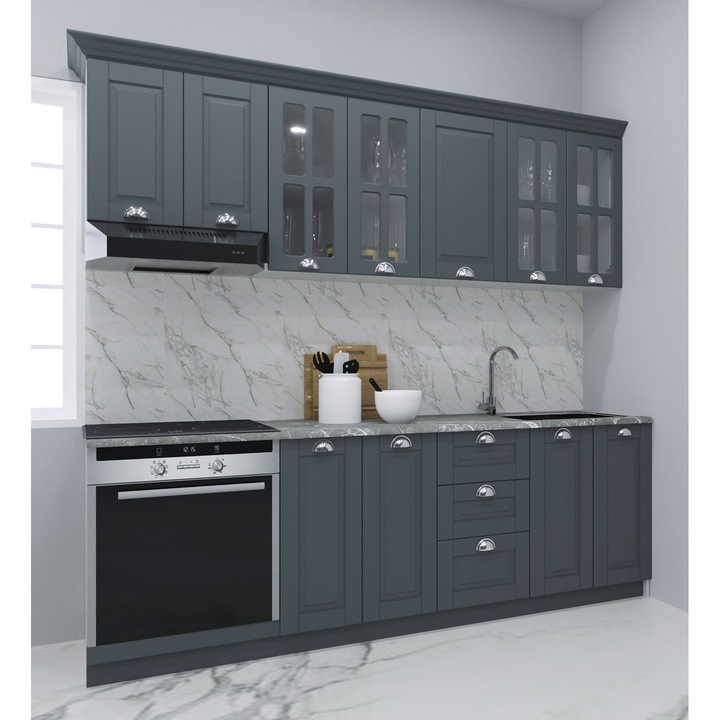 Set bucatarie cu soft-close si fronturi MDF, Badenmob, seria Square, L220x60cm, antracit