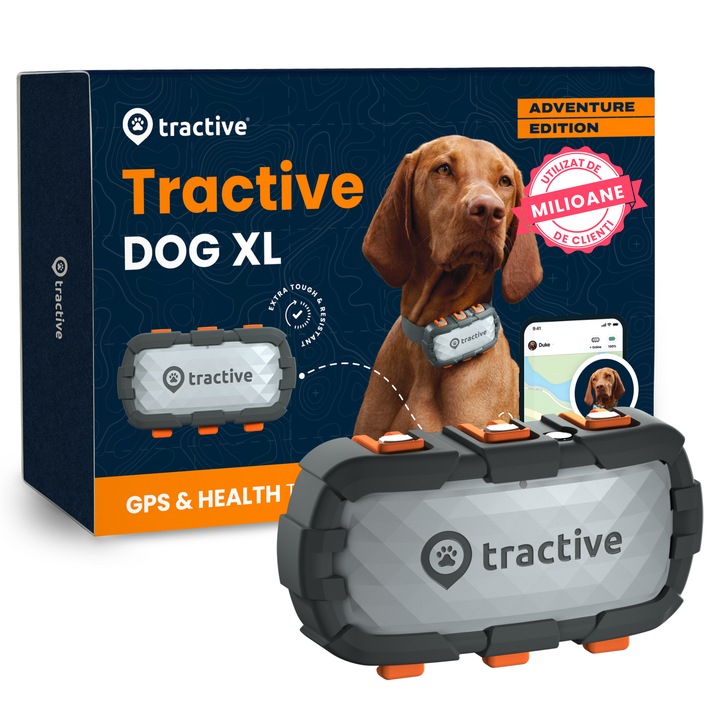 Dispozitiv de monitorizare GPS - Tractive DOG XL editia Adventure - pentru caini intarit cu fibra de sticla cu monitorizarea sanatatii - gri rece