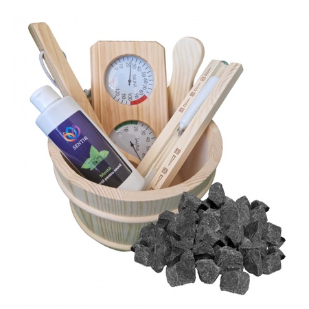 Accesorii pentru sauna, galeata, lingura, termohigrometru, pietre vulcanice si esenta cadou