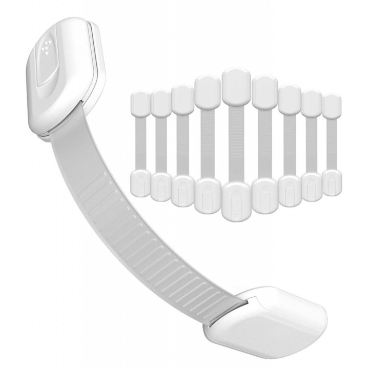 Gyermekajtó biztonsági, QuTek, fiókzár, sütőajtó, hűtőszekrény, szekrény, véletlen nyitás, hosszában állítható, erős 3M ragasztó, levétel után nyom nélkül, dupla zárrendszerrel, 10 db-os készlet, fehér