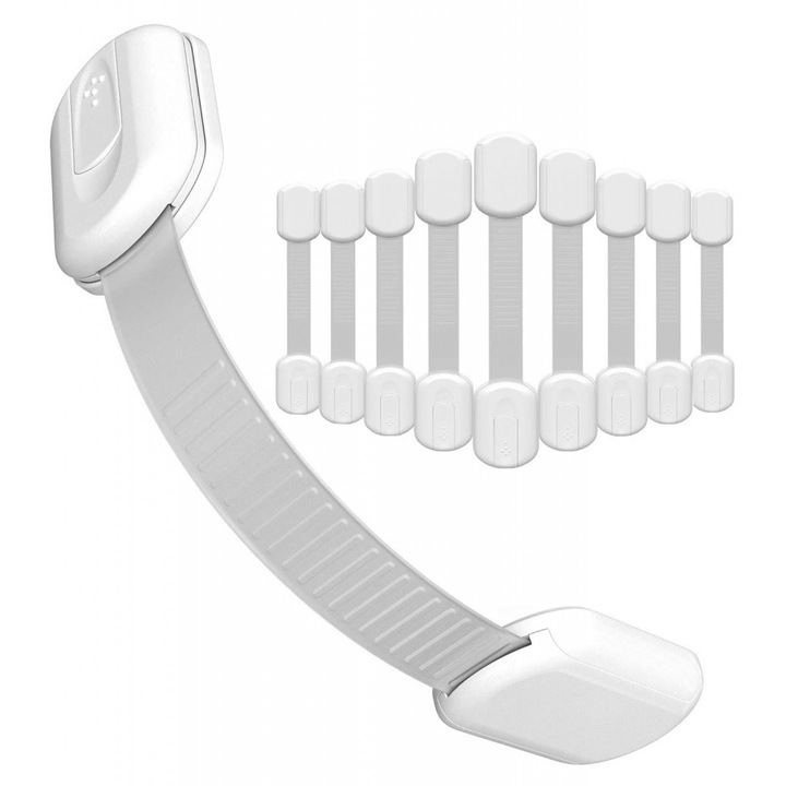Siguranta usi copii, QuTek, blocator sertare, usa cuptor, frigider, dulap, deschidere accidentala, ajustabile pe lungime, adeziv puternic 3M, fara urme dupa indepartare, cu sistem de inchidere dublu, set 10 bucati, alb