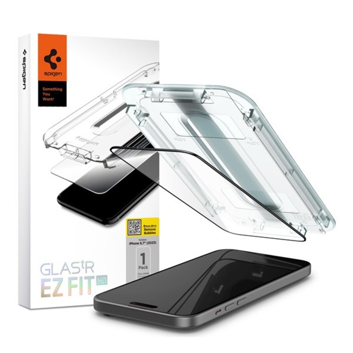Apple iPhone 15 Plus / 16 Plus, Kijelzővédő fólia, ütésálló fólia (az íves részre is!), Tempered Glass (edzett üveg), Spigen Ez Fit HD Privacy, Clear