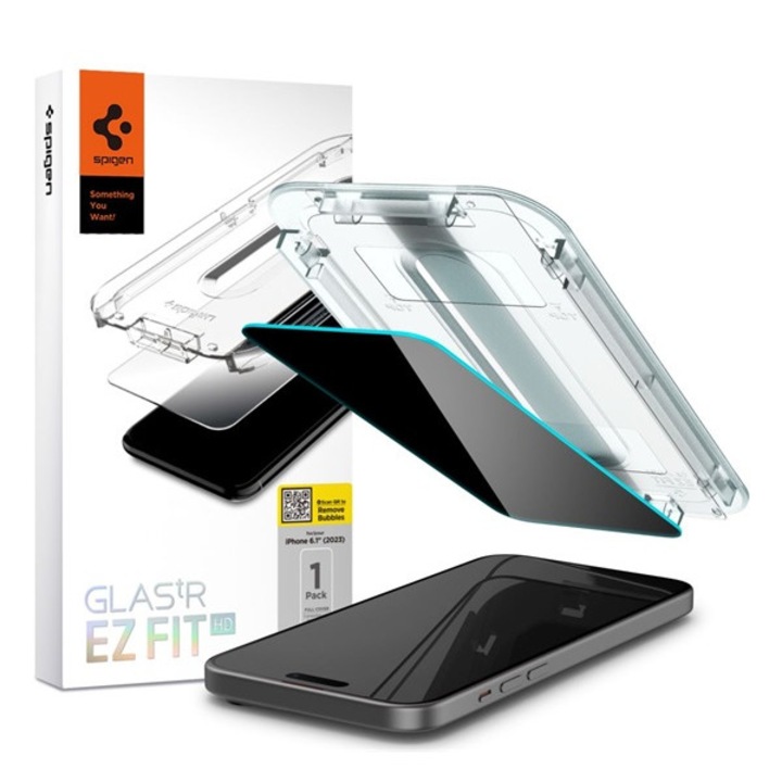 Spigen ez fit képernyővédő üveg, 2.5d, betekintés védelem, 0.2mm, 9h, átlátszó, kompatibilis: Apple iPhone 16 / iPhone 15