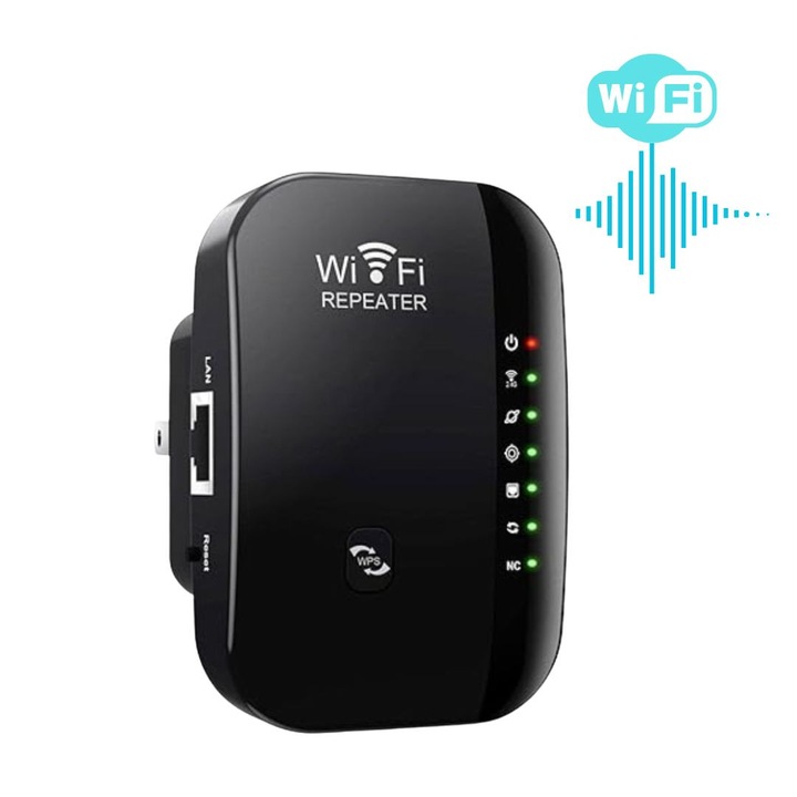 Amplificator de semnal Wireless CLAUSTEEL, Range Extender Retea WIFI cu Antene Incorporate, Transfer 300MBS, 2.4GHz, Conexiune WLAN, WPA2, WPA, WEP9, Functie WPS, Port LAN RJ-45, Negru