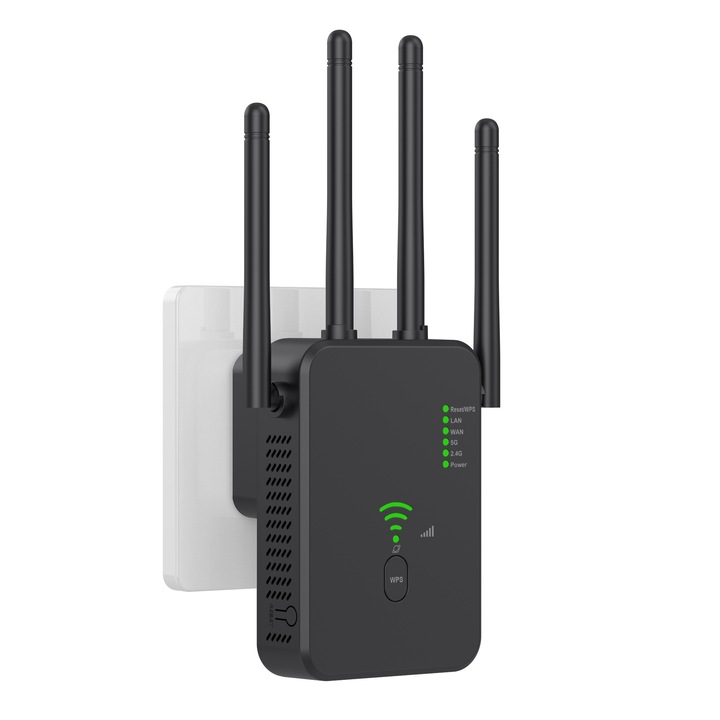 Amplificator Semnal Wireless CLAUSTEEL, Range Extender Retea WiFi 1200M, 3 functii Repeater, Mod AP si Router, Transfer 300MBs, 4 Antene, Retea 2.4 G/5G, Conexiune WEP, WPA si WPA2, Slot LAN, Negru