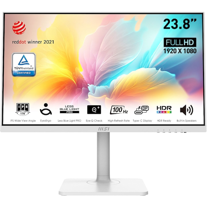 MSI Modern MD2412PW monitor, 23,8", IPS, 1920 x 1080, USB Type-C DisplayPorttal, 1 x Audio kimenet, 1 x HDMI 1.4b, Beépített hangszórók 2 x 3 W