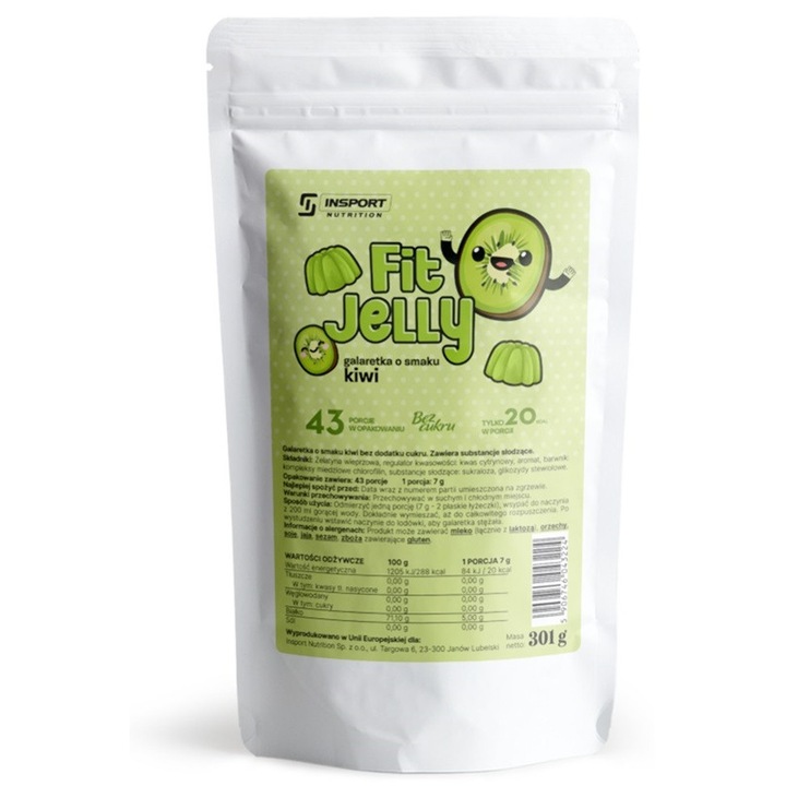 Jeleu hipocaloric, INSPORT Nutrition, FIT JELLY, fara zahar, grasimi si carbohidrati, 301g, 43 de portii, Aroma: Kiwi