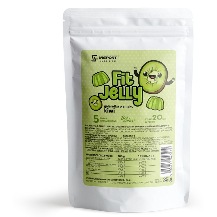 Jeleu hipocaloric, INSPORT Nutrition, FIT JELLY, fara zahar, grasimi si carbohidrati, 35g, 5 portii, Aroma: Kiwi