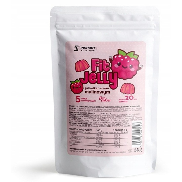 Jeleu hipocaloric, INSPORT Nutrition, FIT JELLY, fara zahar, grasimi si carbohidrati, 35g, 5 portii, Aroma: Zmeura