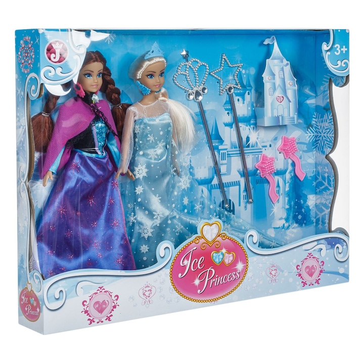 Set 2 papusi Frozen, Ana si Elsa, Ice Princess, Plastic, cu accesorii, 38 cm, Multicolor