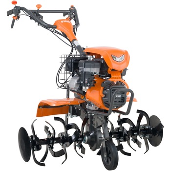 Motocultor pe benzina O-Mac MC 8000W, putere 8 CP, 5.9 KW, 252 CC, motor 4 timpi Loncin, 2+1 viteze, priza de putere, 56 - 107 cm latime lucru, 10 - 36 cm adancime lucru, contine: freze + roti cauciuc 19x7.00-8 + roata transport