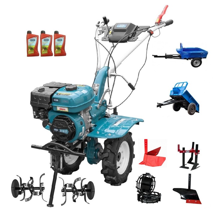 Motocultor Profesional Dakard Hs 1000B, Motor 7Cp, Remorca Dkd Ly 500, Roti Metalice, Plug Arat, Rarita Reglabila, Prasitoare, 3L Ulei, 14 Piese