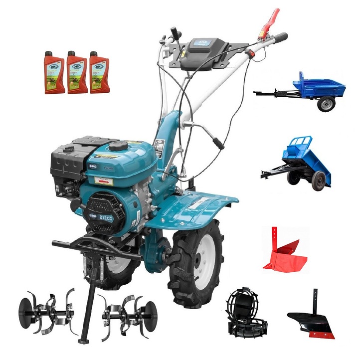 Motocultor Profesional Dakard Hs 1000B, Motor 7Cp, Remorca Dkd Ly 500, Roti Metalice, Plug Arat, Rarita Reglabila, 3L Ulei, 13 Piese