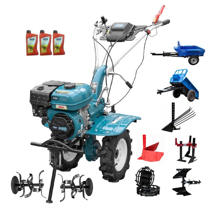 Motocultor Profesional Dakard Hs 1000B, Motor 7Cp, Remorca Dkd Ly 500, Roti Metalice, Plug Reversibil, Rarita Reglabila, Prasitoare, Plug Cartofi, 3L Ulei, 15 Piese
