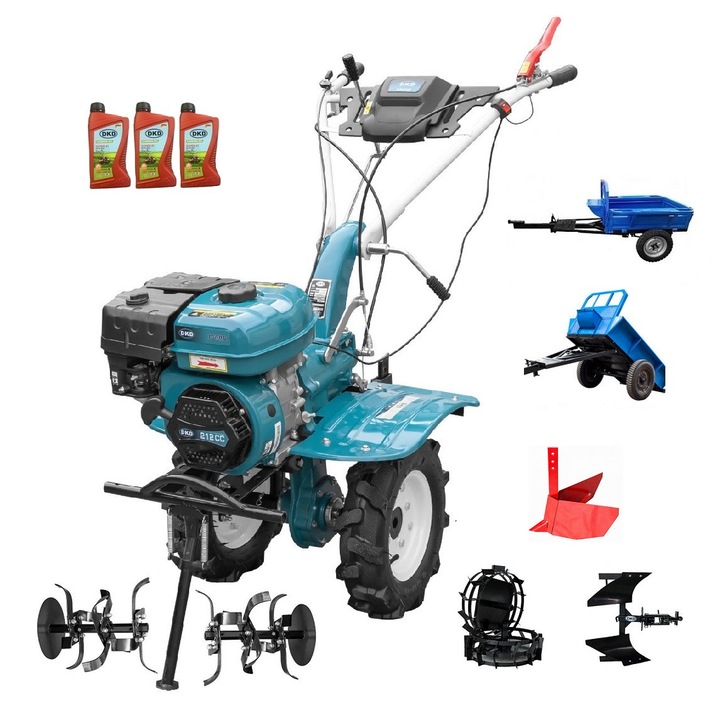 Motocultor Profesional Dakard Hs 1000B, Motor 7Cp, Remorca Dkd Ly 500, Roti Metalice, Plug Reversibil, Rarita Reglabila, 3L Ulei, 13 Piese