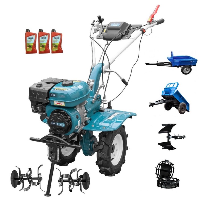 Motocultor Profesional Dakard Hs 1000B, Motor 7Cp, Remorca Dkd Ly 500, Roti Metalice, Plug Reversibil, 3L Ulei, 12 Piese