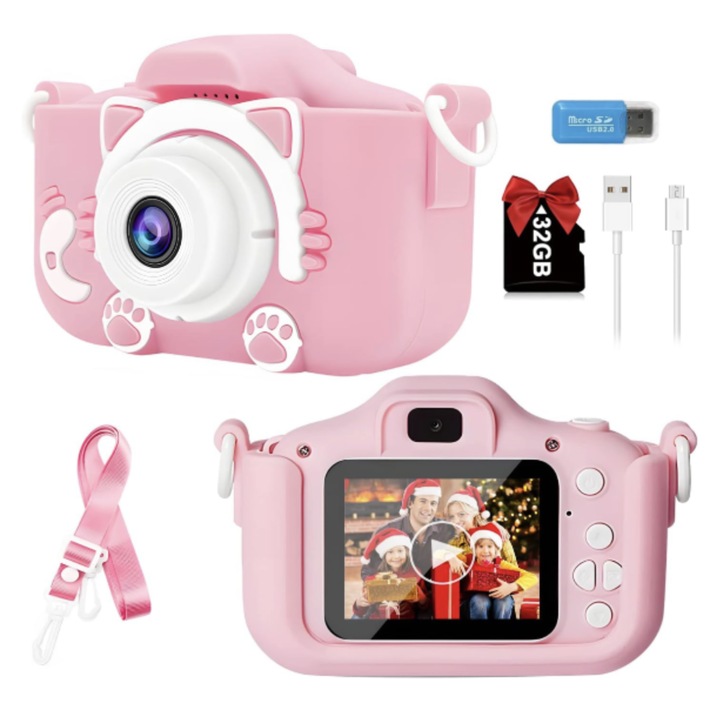 Camera foto copii, 32GB SD card 1080P HD, 23 milioane pixeli, 2.0 inch, 600 mAh, WaltStore®, 3 ani+, Roz