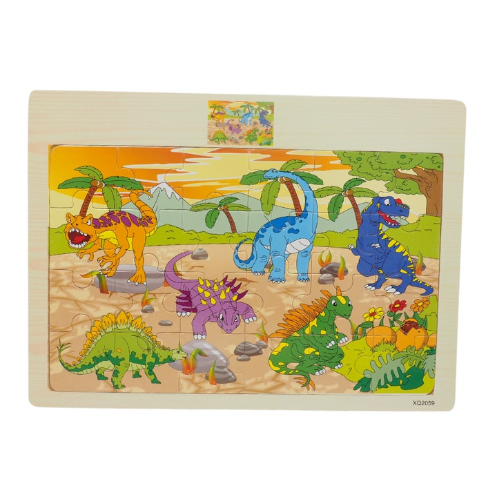 Puzzle educativ incastru Montessori dinozauri, Onore, multicolor, lemn, 30 x 21.5 cm, 24 piese