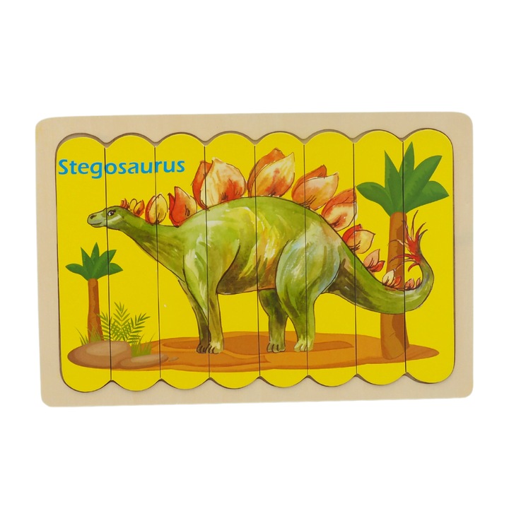 Puzzle educativ incastru Montessori cu 2 fete, dinozauri stegozaur si tanystropheus, Onore, multicolor, lemn, 22 x 14 cm, 8 piese, denumire lb. engleza