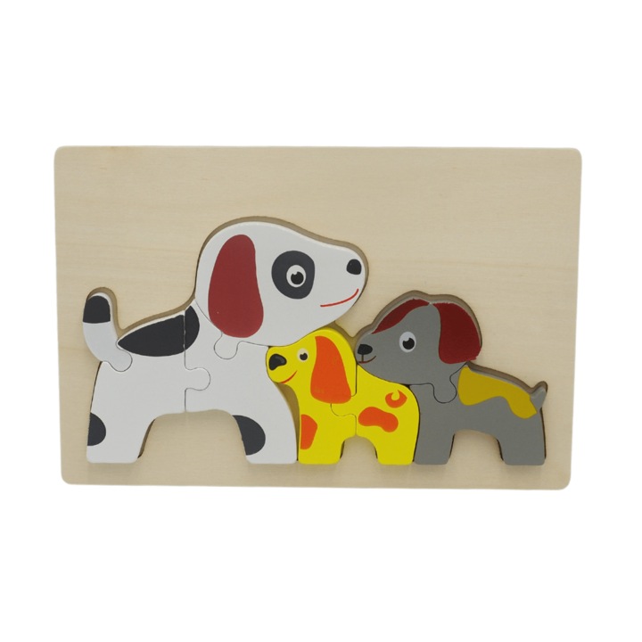 Puzzle 3D educativ incastru Montessori familia catelusilor, Onore, multicolor, lemn, 22 x 14 cm, 7 piese