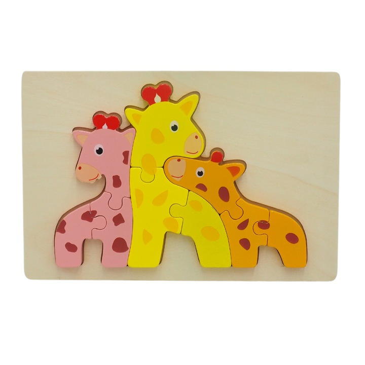 Puzzle 3D educativ incastru Montessori familia girafelor, Onore, multicolor, lemn, 22 x 14 cm, 9 piese