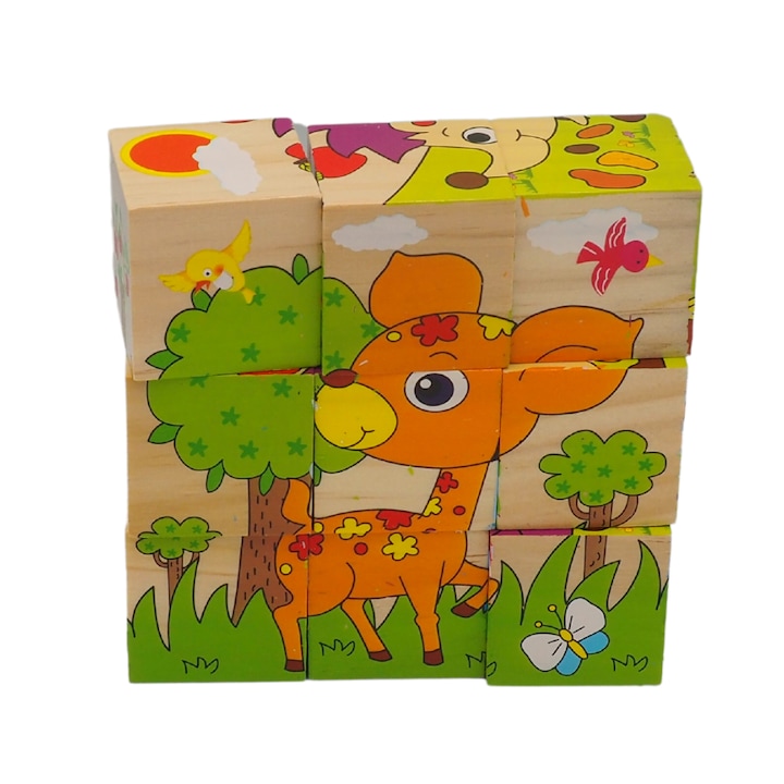 Montessori oktató 3D kocka puzzle 6 arccal, sün, elefánt, tigris, szarvas, majom és zebra, Onore, tarka, fa, 10 x 10 x 3,5 cm, 9 darab