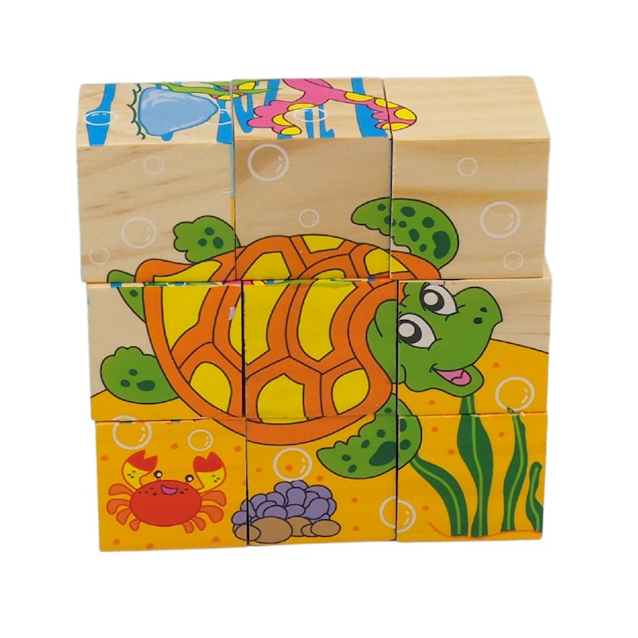 Montessori oktató 3D kocka puzzle 6 arccal, polip, delfin, teknős, rák, cápa és rák, Onore, tarka, fa, 10 x 10 x 3,5 cm, 9 darab