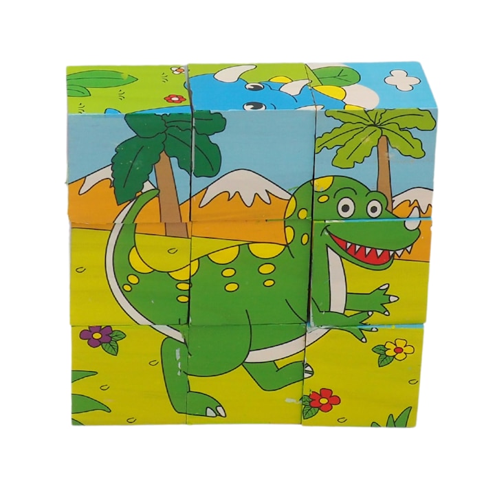 Montessori oktató 3D kocka puzzle 6 arccal, különböző dinoszauruszok, Honor, tarka, fa, 10 x 10 x 3,5 cm, 9 darab