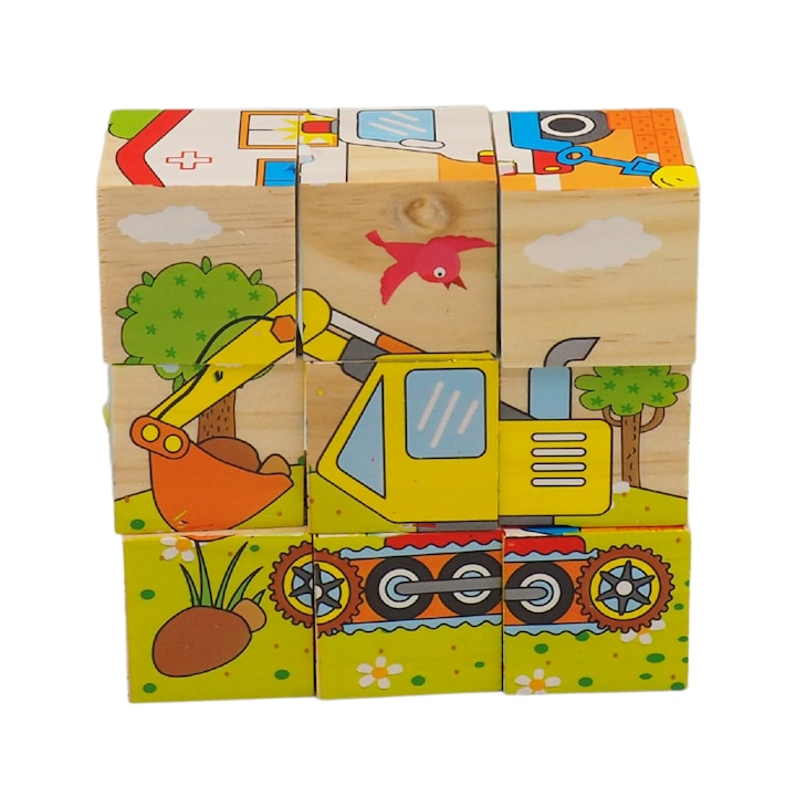 Montessori oktatási 3D kocka puzzle 6 arccal, hajó, vonat, kotrógép, autó, repülő és mentőautó, Onore, tarka, fa, 10 x 10 x 3,5 cm, 9 darab