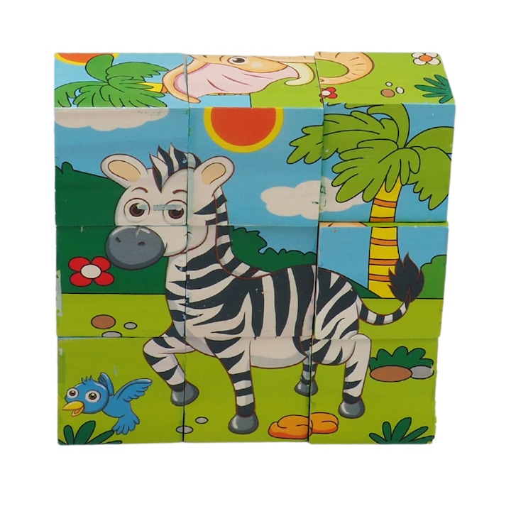Montessori oktató 3D kocka puzzle 6 arccal, oroszlán, zebra, elefánt, orrszarvú, tigris és nyulak, Onore, tarka, fa, 10 x 10 x 3,5 cm, 9 darab
