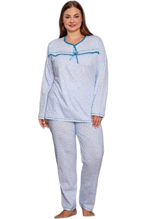 Pijama dama, StarFashion, model clasic, cu nasturi la baza gatului, 100% bumbac, mari, albastru, Albastru