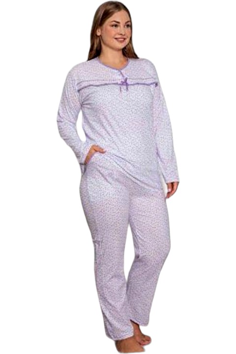 Pijama dama, StarFashion, model clasic, cu nasturi la baza gatului, 100% bumbac, mari, mov, Mov