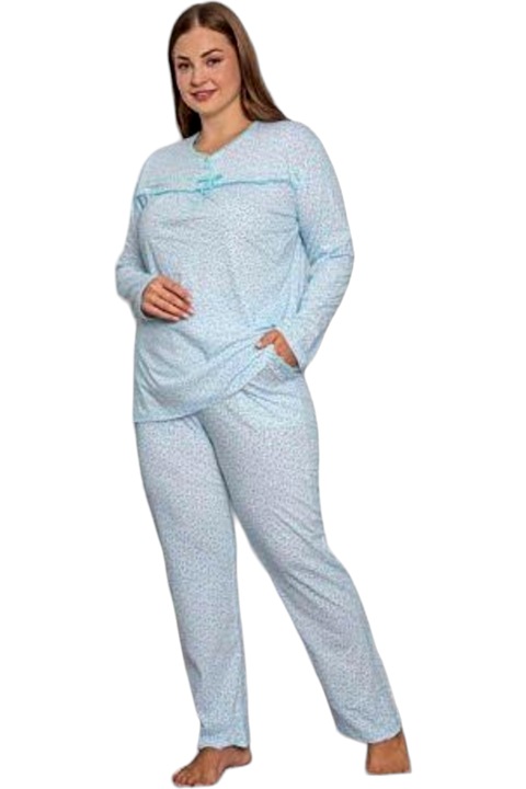 Pijama dama, StarFashion, model clasic, cu nasturi la baza gatului, 100% bumbac, mari, bleu, Albastru deschis