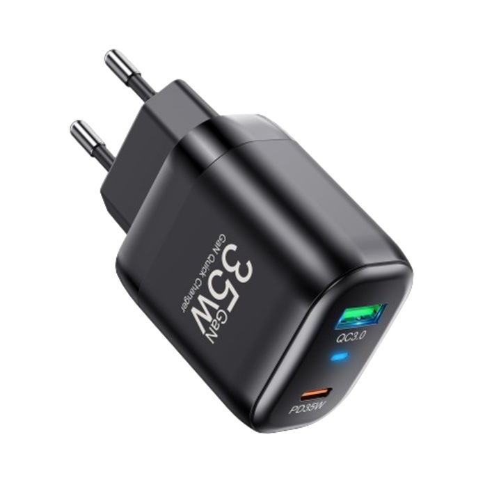 Incarcator priza OZ 35W 1xUSB-C 1xUSB, GaN, Incarcare Rapida PD, USB 3.0QC, max 35W, Multiple Protectii si Led, Negru