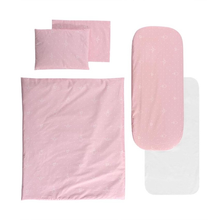 Set lenjerie pentru carucior, cu protectie impermeabila, 7 piese, Little Bear Pink