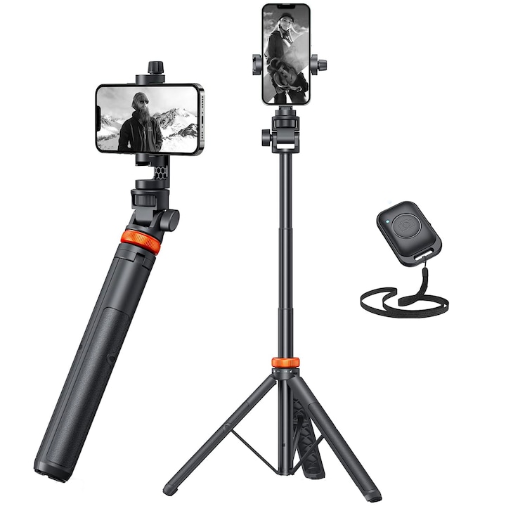 Професионален телескопичен фото статив за телефон/камера/GoPro, bluetooth дистанционно управление, функция за селфи стик, регулируем, универсален, издръжлив и лек, черен/оранжев