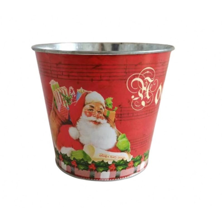 Ghiveci din metal rotunde cu Mos Craciun si muzica, rosu, 16x14 H12cm