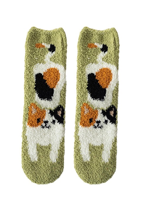 Sosete dama, model pufos si calduros, cu imprimeu hazliu, tematica I love cats, marime 38 – 42, verde cu multicolor, EFAYN