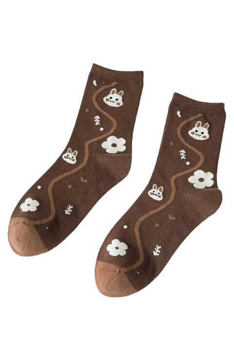 Sosete dama, model chic si delicat, cu imprimeu iepurasi, tematica I love rabbits, marime 38 – 42, maro inchis, EFAYN