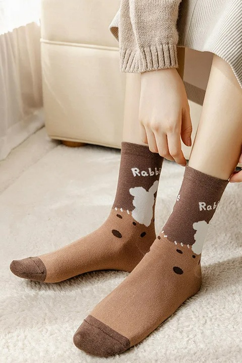 Sosete dama, model chic si delicat, cu imprimeu iepurasi, tematica I love rabbits, marime 38 – 42, coffee, EFAYN