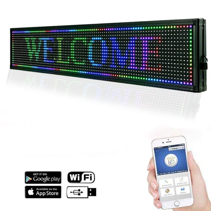 LED SMD RGB светлинна реклама 100x20 см, PROCART, текст, изображения, анимации, USB и WiFi