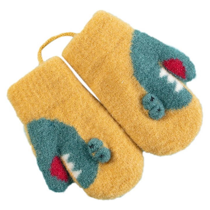 Manusi pentru copii, model cu un singur degetel, manseta elastica si captuseala calduroasa, tematica dino want to play, marime 3 – 5 ani, galbene, EFAYN