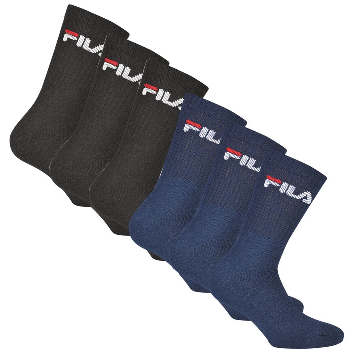 Fila, Set de sosete lungi unisex cu imprimeu logo - 6 perechi, Negru/Albastru