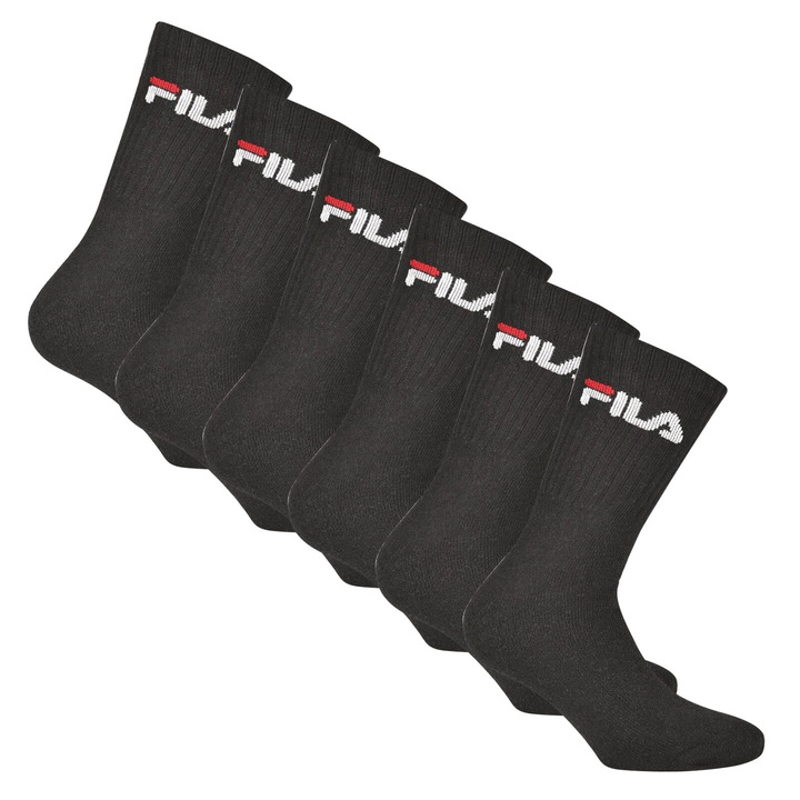 Fila, Set de sosete lungi unisex cu imprimeu logo - 6 perechi, Negru